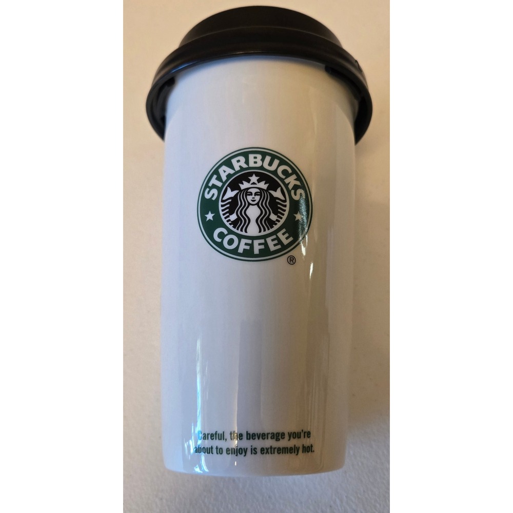 Starbucks 2009 Ceramic Travel Mug 12 oz White Old Siren Logo Black Locking Lid